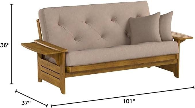 Nirvana Futons Brentwood Tray Arm Futon Sofabed Set - Queen Frame, 8" Microfiber Khaki Mattress, Heritage Finish