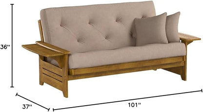 Nirvana Futons Brentwood Tray Arm Futon Sofabed Set - Queen Frame, 8" Microfiber Khaki Mattress, Heritage Finish