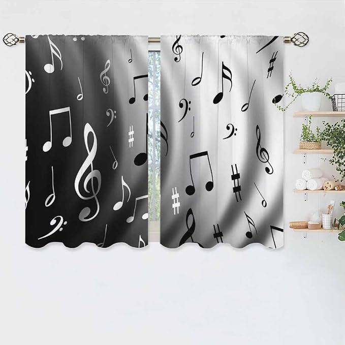 Modern Kitchen Curtains Black and White Music Notes Dancing Short Tier Curtains - Image 5