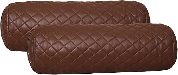 Neck Roll Pillow Cushion Cover, 24x5 Inch Full Moon Round Bolster Pillow Case, Cylinder Soft Lambskin Leather Pillowcase for Head, Spine & Neck Support During Sleep - Quilted Chocolate Brown Pack of 2