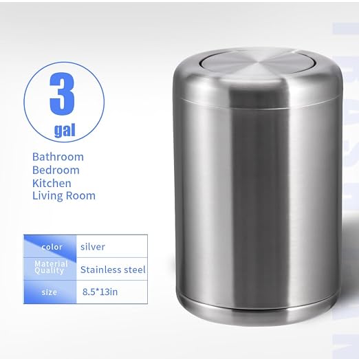 Waste Can 3 Gallon with Swing Lid，Brushed Stainless Steel Trash Can，Metal - Image 3