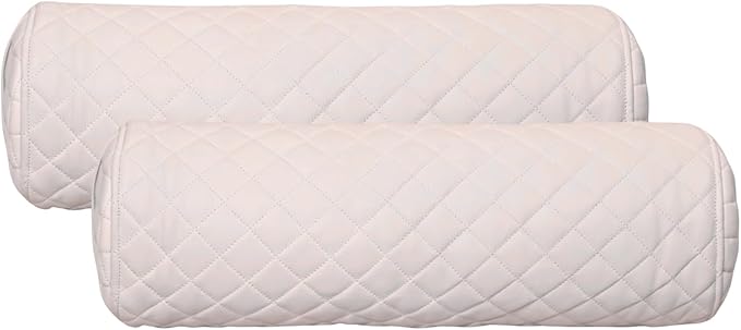 Neck Roll Pillow Cushion Cover, 24x6 Inch Full Moon Round Bolster Pillow Case, Cylinder Soft Lambskin Leather Pillowcase for Head, Spine & Neck Support During Sleep - Quilted White Pack of 2