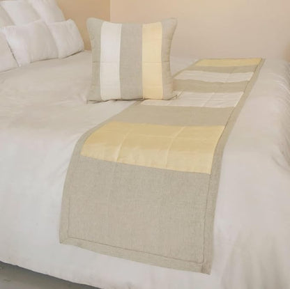 The HomeCentric King/Queen/Twin Beige Decorative CA King 86"x18" Bed Runner with 2 Pillow Cover, Color Block, Patchwork, Quilted, Silk, Linen & Striped Bed Scarf on Linen & Silk Fabric - Alikka
