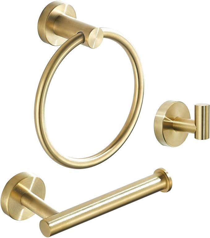 Gold Bathroom Hardware, Toilet Paper Holder Towel Ring and Robe Hook Brushed by FAIRGIA
