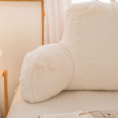 Holawakaka Standard Faux Fur Bed Rest Pillow with Arms, Rabbit Fur Reading Pillows Perfect for Adults, Teens, Kids, Arm, Back, Pregnancy Lumbar & Head Neck Coccyx Lower Back Support Cushion (Ivory)
