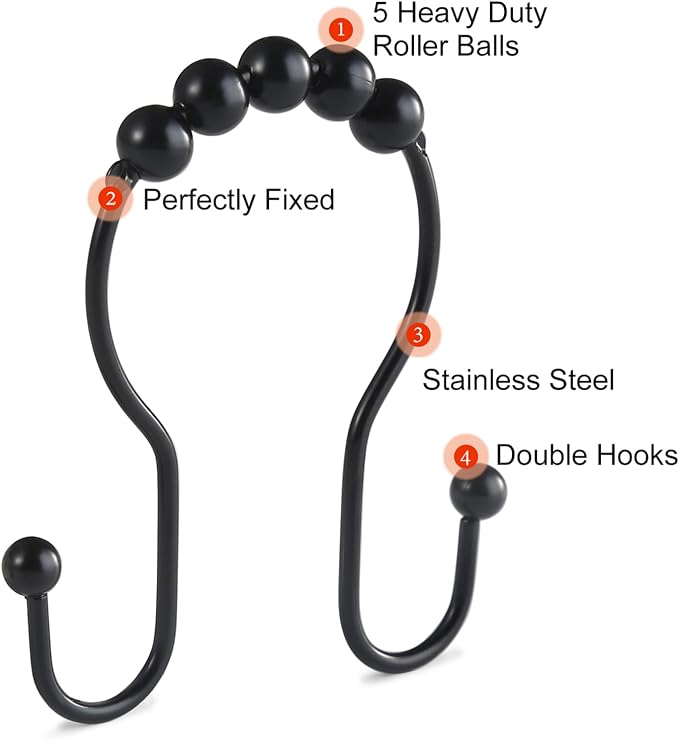 Goowin Shower Curtain Hooks, Stainless Steel Black Shower Curtain Hooks - Image 6