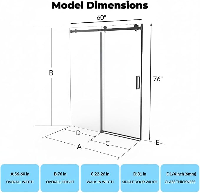 Frameless Sliding Shower Door, 56-60 Inches Wide x 76 Inches High, 1/4 Inch - Image 2