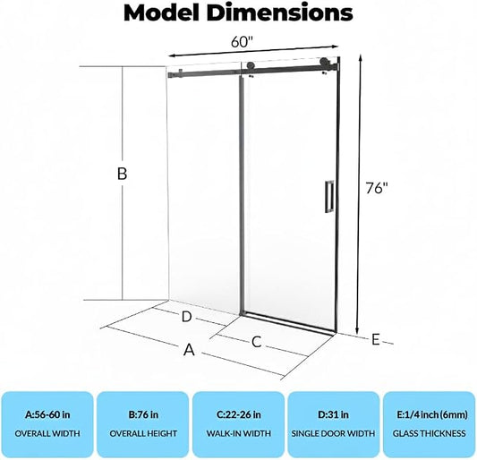 Frameless Sliding Shower Door, 56-60 Inches Wide x 76 Inches High, 1/4 Inch - Image 2