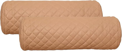 Neck Roll Pillow Cushion Cover, 16x7 Inch Full Moon Round Bolster Pillow Case, Cylinder Soft Lambskin Leather Pillowcase for Head, Spine & Neck Support During Sleep - Quilted Beige Pack of 2