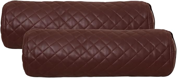 Neck Roll Pillow Cushion Cover, 24x6 Inch Full Moon Round Bolster Pillow Case, Cylinder Soft Lambskin Leather Pillowcase for Head, Spine & Neck Support During Sleep - Quilted Dark Brown Pack of 2