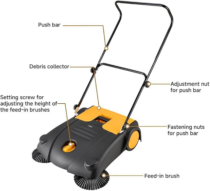 Hoteche 28-Inch Walk Behind Outdoor Manual Push Floor Sweeper, 4-Gallon Capacity - Image 2