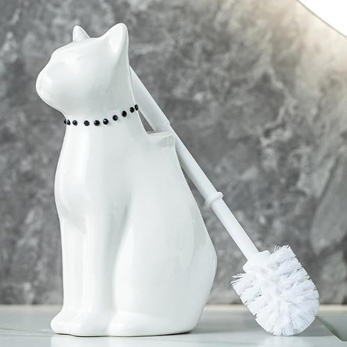 Comeon Ceramic Cat White/Black Toilet Brush and Holder Set, Plastic Handled - Image 7