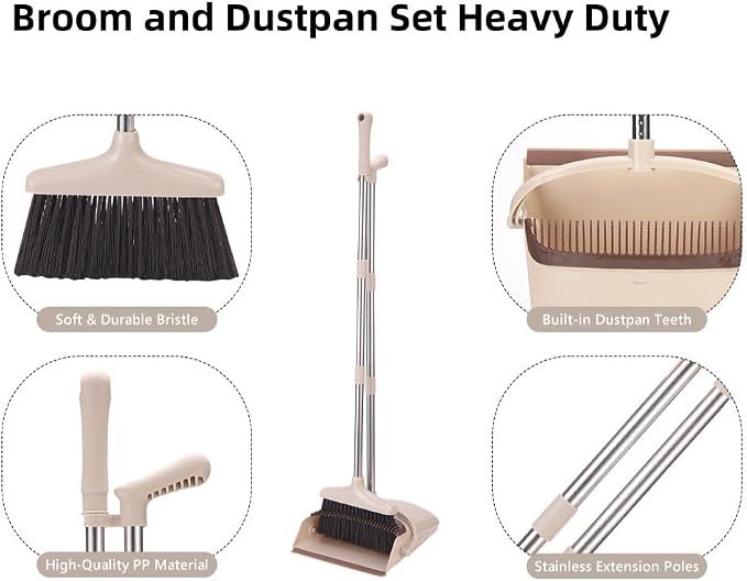 Broom and Dustpan Set with 57.4 Inch Adjustable Stainless Steel Handle - Image 3