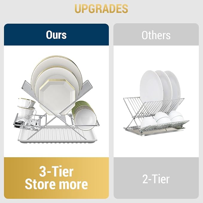 Dish Drying Rack with Drip Tray, 3 Tier Collapsible Stainless Steel Dish Drainer - Image 6