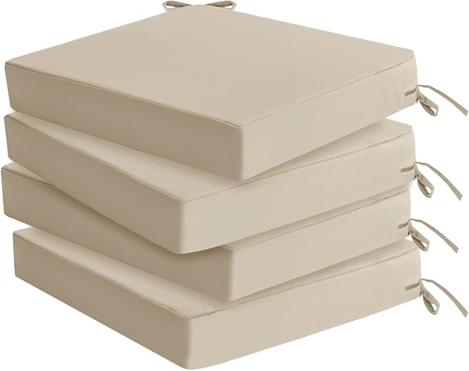 Outdoor Chair Cushions Set of 4: Waterproof & Fade Resistant Seat Cushion for Patio Furniture - 18.5 L x 16 W x 2 H Inch Chair Pads with Ties and Hidden Zipper - Patio Chair Cushion Replacement, Beige