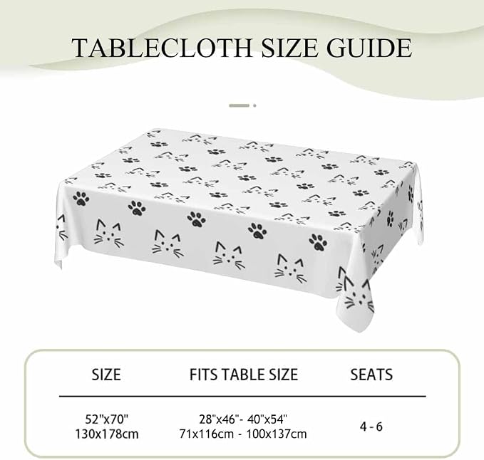 Cat Faces and Paws Rectangular Tablecloth Cartoon Cute Footprint 52x70 Table - Image 4