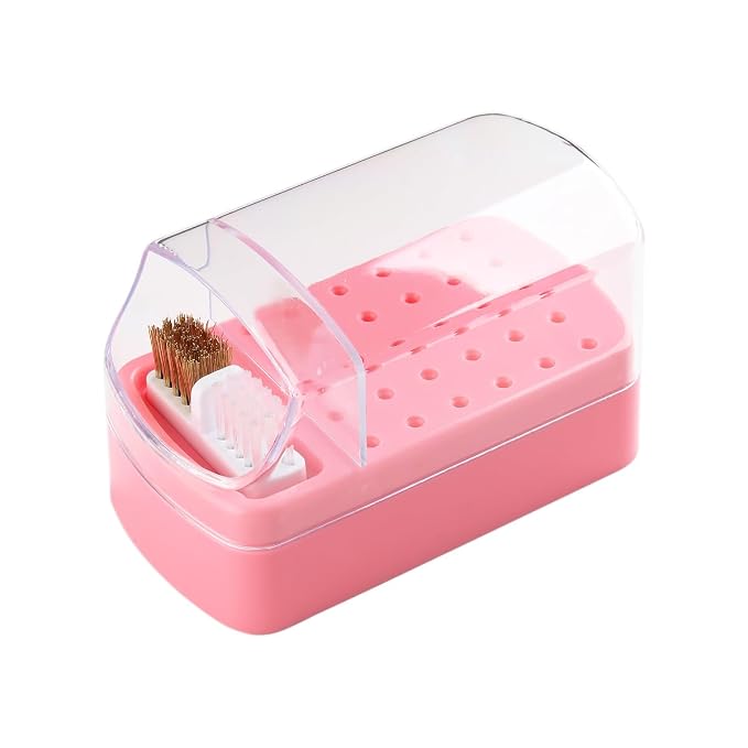 2 in 1 Pink Nail Drill Bit Holder and Nail Drill Bits Cleaner Brush Case by Fcozpjk