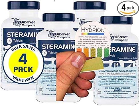Pack of 4 Steramine Sanitizing Tablets w/ 30x QT-10 Test Strips by FryOilSaver by THEFRYOILSAVERCOMPANY
