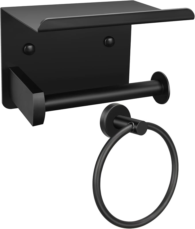 1pcs Toilet Paper Holder with Shelf and 1pcs Towel Ring Set, Matte Black by Mdvora