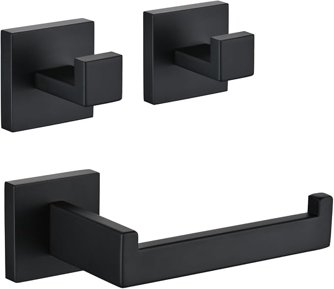 3PCS Bathroom Hardware Set, Matte Black Toilet Paper Holder, 2 Square Towel by Unknown