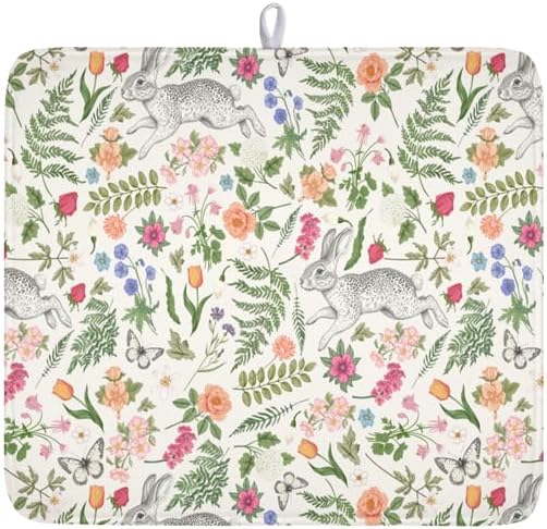 Easter Bunny Dish Drying Mat for Kitchen Counter, Colorful Flowers Sage Green by Anyako