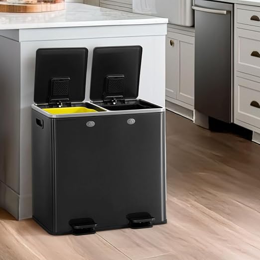 CAPHAUS Black Dual Trash Can w/Double Lid, Trash & Recycle Bins Combo, by CAPHAUS