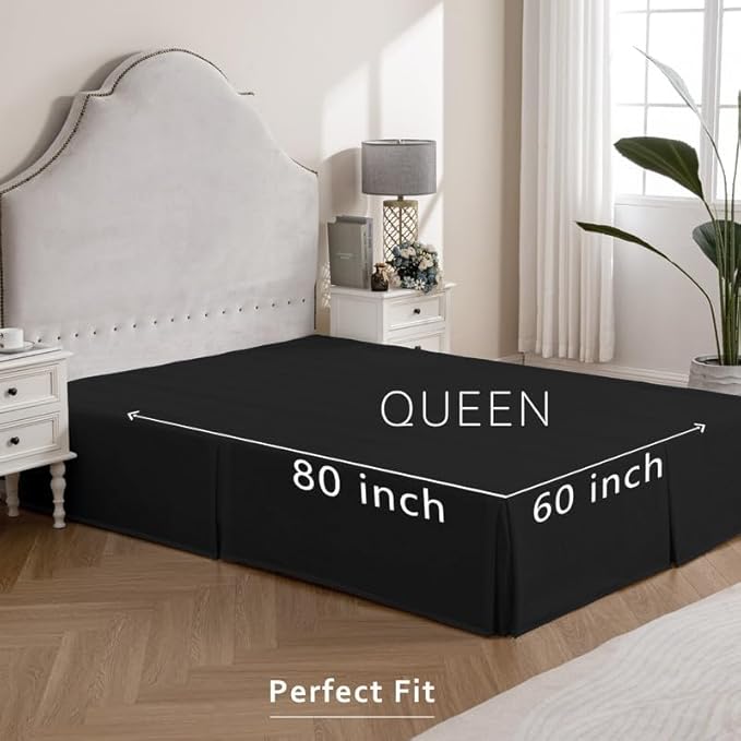 MIYE Pleated Waffle Weave Bed Skirt, Tailored Dust Ruffle 16 Inch Drop Easy Fit, Machine Washable (Black, Queen - 16" Drop)