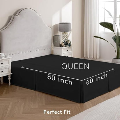 MIYE Pleated Waffle Weave Bed Skirt, Tailored Dust Ruffle 16 Inch Drop Easy Fit, Machine Washable (Black, Queen - 16" Drop)