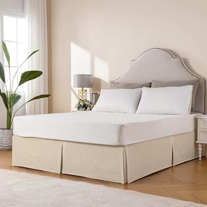MIYE Pleated Waffle Weave Bed Skirt, Tailored Dust Ruffle 14 Inch Drop Easy Fit, Machine Washable,No Split Corners (Beige,Cal King - 14" Drop)