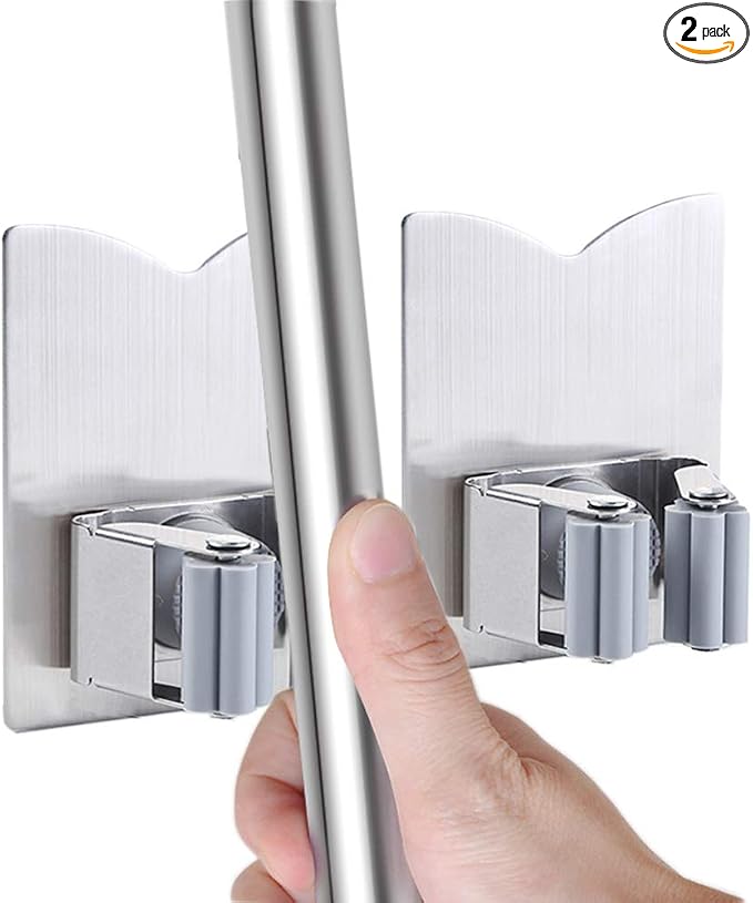 HANZE 2 Pack Mop Broom Holder Racks 304 Stainless Steel Self Adhesive Heavy by HANZE