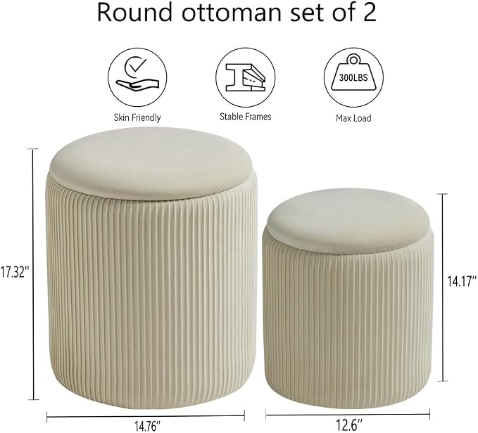 Round Set of 2 Ottoman with Storage-Upholstered Velvet Vanity Stool - Image 3