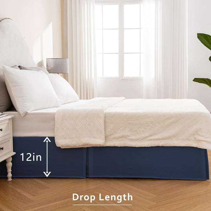 MIYE Pleated Waffle Weave Bed Skirt, Tailored Dust Ruffle 12 Inch Drop Easy Fit, Machine Washable (Navy Blue, Full - 12" Drop)