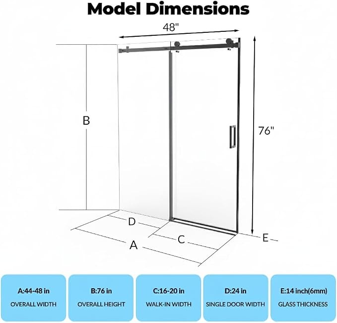 44-48" W x 76" H Sliding Shower Door, 1/4 Inch Clear Tempered Glass, Matte - Image 2