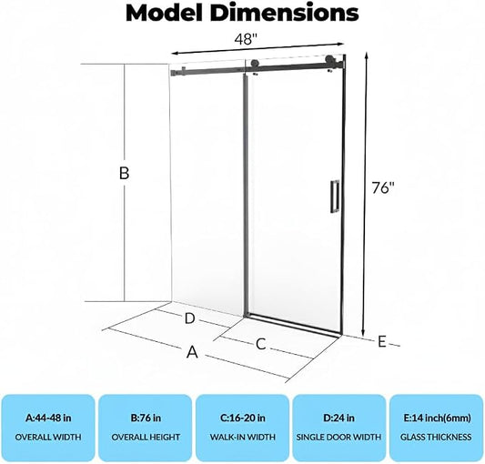 44-48" W x 76" H Sliding Shower Door, 1/4 Inch Clear Tempered Glass, Matte - Image 2