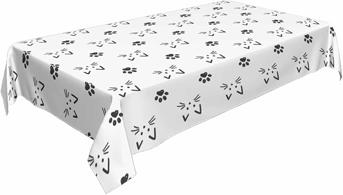 Cat Faces and Paws Rectangular Tablecloth Cartoon Cute Footprint 52x70 Table - Image 2