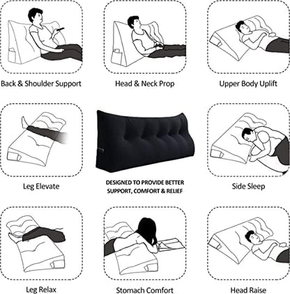 Bed Wedge Headboard Pillow - College Dorm Reading Pillow Back Support While Sitting in Bed - Ergonomic Lumbar Pillow Body Positioning Bed Pillow - Velvet Black 54IN