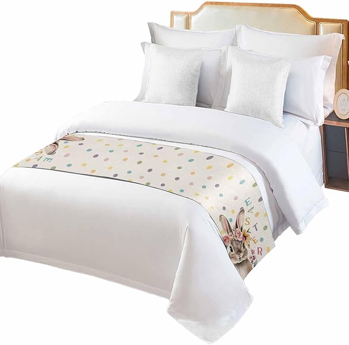 Spring Easter Farm Rabbit Flower Bed Runners for Bedroom Hotel,Decorative Bedding Scarf Colorful Quote Dot on Linen Bed End Blanket Bedding Runner Scarves for Twin Size Bed,71x20in