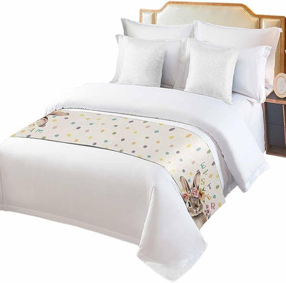Spring Easter Farm Rabbit Flower Bed Runners for Bedroom Hotel,Decorative Bedding Scarf Colorful Quote Dot on Linen Bed End Blanket Bedding Runner Scarves for Twin Size Bed,71x20in