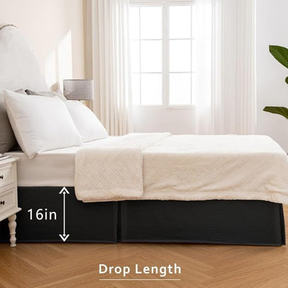 MIYE Pleated Waffle Weave Bed Skirt, Tailored Dust Ruffle 16 Inch Drop Easy Fit, Machine Washable (Black, Queen - 16" Drop)