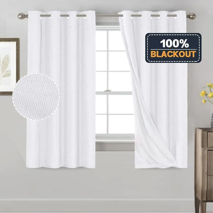 PrinceDeco Pure White Blackout Curtains 63 Inches Long Short Blackout Curtains 2 Panels Sets for Bedroom Living Room Grommet Full Light Blocking Linen Curtains Energy Saving with White Liner