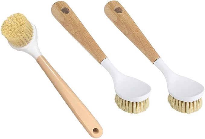 3 Pack Dish Brush Set with Bamboo Handle, Dish Scrubber Built-in Scraper by JININQ