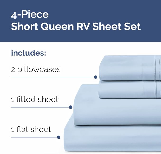 RV Short Queen Sheet Set 60 X 75 - 4 Piece RV Short Queen Bed Sheets - Soft, Breathable and Cooling - Designed for Bunks, Trailers & Campers - Fits 8” to 12" Mattress - Hotel Luxury Bedding - Sky Blue