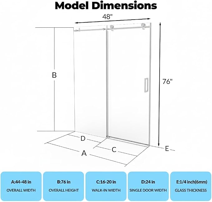 Frameless Sliding Shower Door, Adjustable 44"-48" Width x 76" Height, 6mm SGCC - Image 2