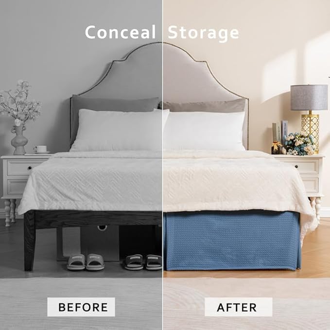 MIYE Pleated Waffle Weave Bed Skirt, Tailored Dust Ruffle 22 Inch Drop Easy Fit, Machine Washable (Blue, Twin - 22" Drop)