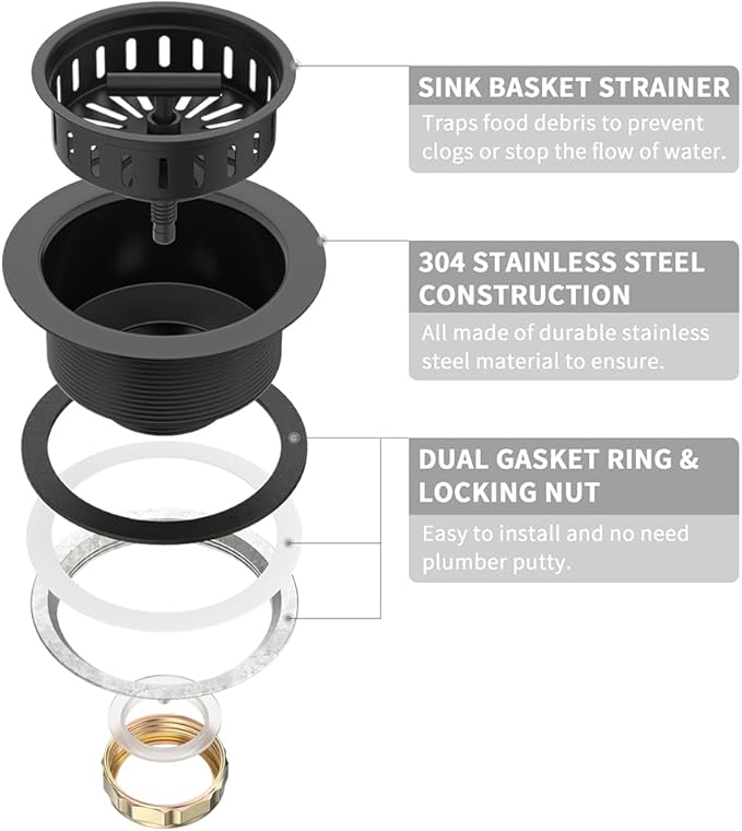 KONE Black Kitchen Sink Drain Matte Black Sink Strainer 3-1/2 Inch Drain - Image 5