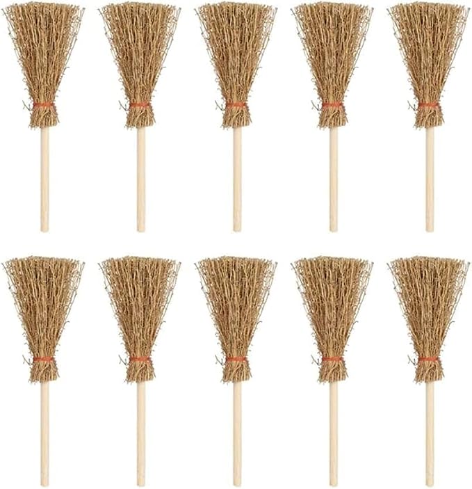 5Pcs Mini Witch Brooms for Dollhouse, Handmade 1:12 Scale Broomstick Set by Zenarao