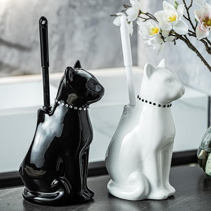 Comeon Ceramic Cat White/Black Toilet Brush and Holder Set, Plastic Handled - Image 8