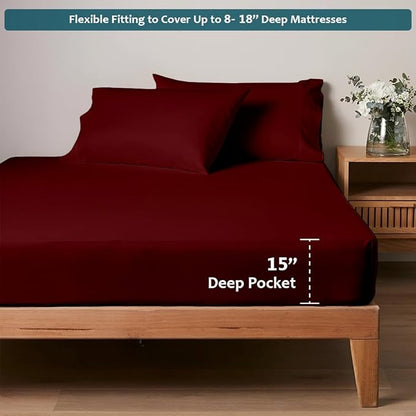 California King Sheet Set - Luxury 338 Thread Count 100% Egyptian Cotton Sateen, Deep Pocket Sheets with All Around Elastic for a, Hotel Quality Bedding Set (Burgundy Solid)
