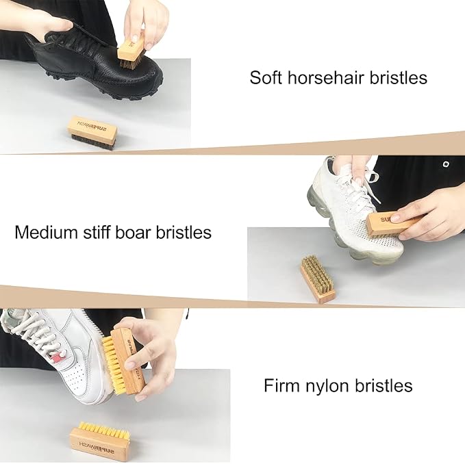 Shoe Cleaning Brush Set with Nylon, Boar and Horsehair Bristles, Wooden Sneaker - Image 2