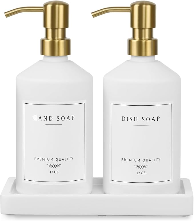 Gold Soap Dispenser Set, Glass Hand and Dish Soap Dispenser Set by Eggs+sound